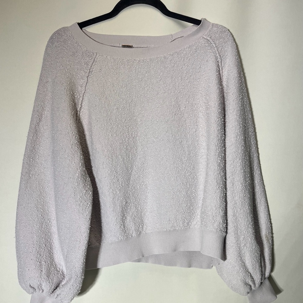 Free People White Crew Neck Sweater with Balloon Sleeves Lavender soft